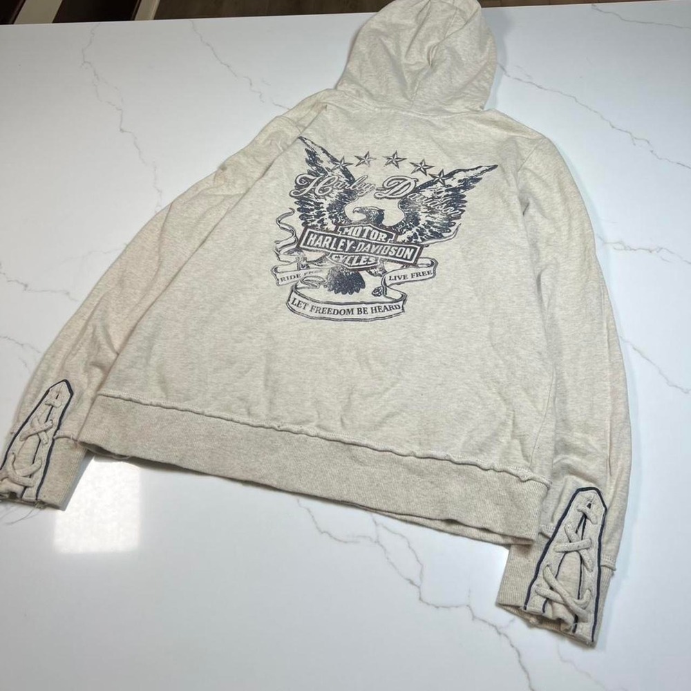 Harley-Davidson Hoodie Womens Large Cream Eagle Graphic Lace Up Sleeve Pullover